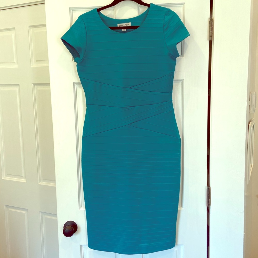 Teal, fitted work dress - size 10